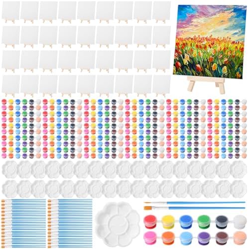 Qilery 36 Set 6 x 6 Inch Mini Canvas Boards with Easel Painting Kit, Acrylic Paints Strips, Brushes, Palette, Oil Art Set for Acrylic Birthday Party Favors
