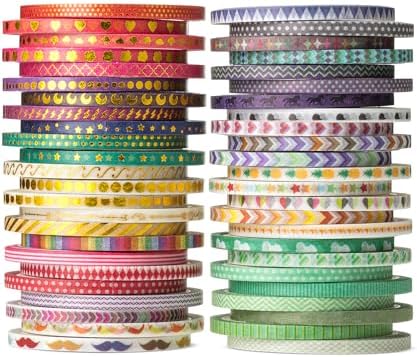Mr. Pen- Skinny Washi Tape Set, 48 Rolls, Gold Foil Print, 3mm Wide | 5.5 Yards/Roll, Washi Tape for Scrapbook, Arts, Crafts, Journals and Planners