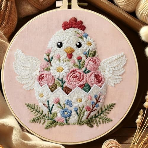 FREEBLOSS 4 Sets Embroidery Kit for Beginners Needlepoint Embroidery Starter Kit with Easter Floral Stamped Patterns, Instructions, Colored Threads, 2 Hoops 11.6"/29.5cm