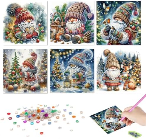 LSQFS 6 Pack Diamond Art Kits for Adults, Gnome Christmas Diamond Art Cards