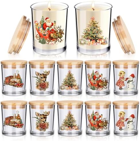 Ziliny 10 Pcs Vintage Christmas Glass Candle Jars Empty Containers Bulk 7 oz Glass Jars with Cork Lids Tins for Christmas Holiday Candle Making Storing Biscuits Tea Party Favors
