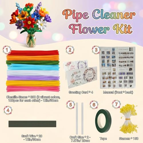 800 PCS Pipe Cleaners Flower Kit - 8 Colors Thickened Chenile Stems Craft Kit with Stems, Tape, Stamens, Manual, Greeting Card, Beauty DIY Flowers Gifts for Family Crafts, Party Holiday Decor