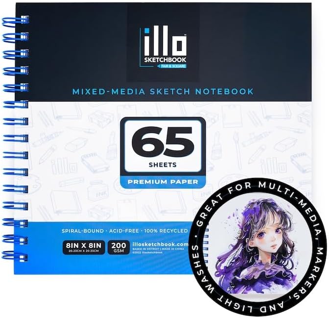 illo Sketchbook Mixed-Media 8’’ x 8’’ Spiral-Bound Sketch Notebook, 200gsm Acid-Free Paper, 65 Perforated Sheets for Easy Tear-Out, for All Mediums, for Professionals and Beginner Artists