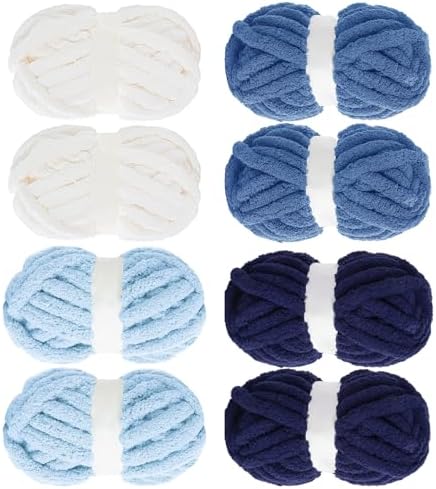 MABOZOO Assorted Chunky Yarn for Hand Knitting 8 Pack, Fluffy Jumbo Chenille Yarn, Soft Plush Yarn Bulky, Giant Thick Fuzzy Yarn for Arm Knitting,Cream & Multi Blue(31.7 yds,8 oz Each Skein)