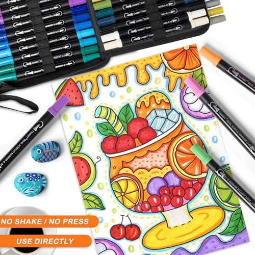TANMIT 60 Colors Dual Tip Acrylic Paint Markers, Paint Pens Set with Brush Tip and Fine Tip For Fabric, Rock, Wood, Glass, Eggs, Scrapbook, DIY Crafts Making Art Supplies - Teacher Appreciation Gift