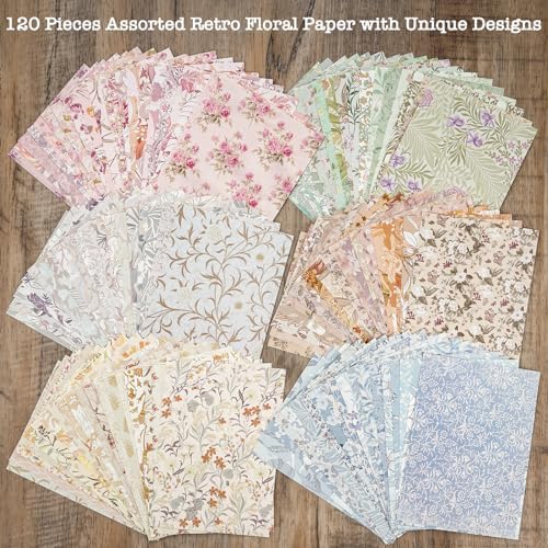 240 Pcs Vintage Floral Scrapbook Paper & Label Journaling Stickers Assorted Set - 6 Pack Mixed Special Textured Paper for Scrapbooking Planner Junk Journal Supplies Collage 4.1x5.8 Inch A6