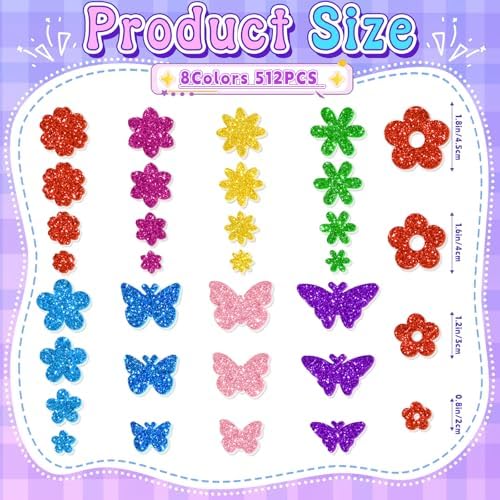 512 PCS Glitter Foam Stickers,Foam Flower&Butterfly Shapes Stickers,8Colors