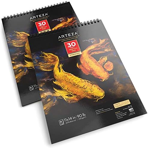 ARTEZA Spiral Sketch Book 11x14 Black Art Paper Drawing Pad 2 Pack 30 Sheets Sketch Pads for Drawing