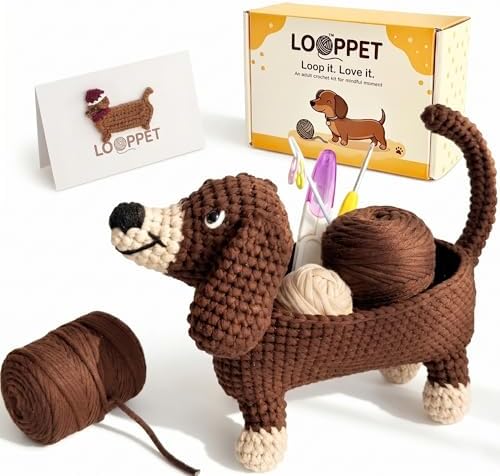 LOOPPET Crochet Dachshund Kit for Beginners, Wiener Dog Gifts for Women, DIY Dog Crochet Kit with No-Fray Yarn & Step-by-Step Video Tutorials, Cute Pen Holder Desk Decor