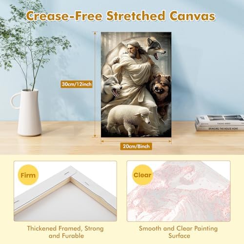 Bowetile Framed Jesus Paint by Numbers Kit for Adults, Adults' Paint-by-Number Lamb Kits on Canvas, Painting by Numbers Wolves, DIY Acrylic Number Painting for Home Wall Decor, 8x12in
