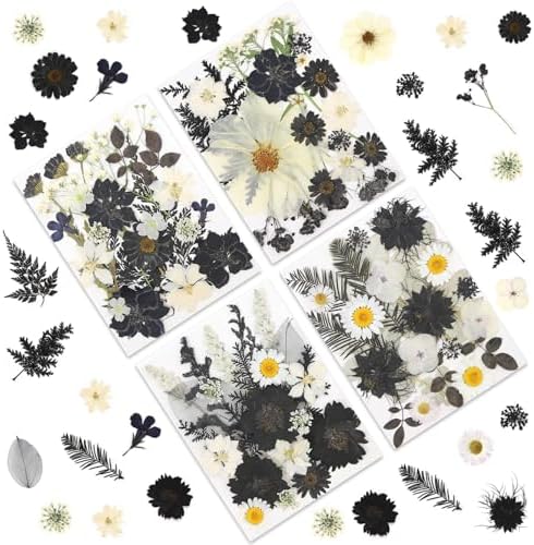 LUXEEASE 90P Halloween Black & White Dried Pressed Flowers | Gothic elegant craft accent, for resin jewelry scrapbook card candle frame party spooky decor, tweezers included