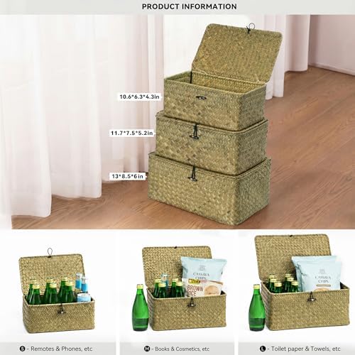 Nonam Seagrass Storage Basket with Lid, Set of 3, Dark Moss Green