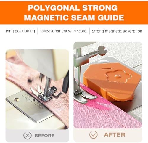 TOOVREN 2PCS Magnetic Seam Guide for Sewing Machine, Multifucntional Polygonal Magnet Seam Hemmer Guide with Scale, Universal Sewing Supplies and Accessories (Orange)