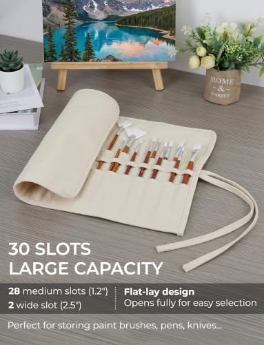 30-Slot Roll-Up Canvas Brush Holder, Washable Paint Brush Case, Beige