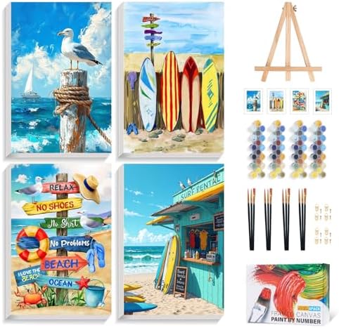 4 Pack Paint by Numbers Kit for Adults with Frame, Beach DIY Painting Kit
