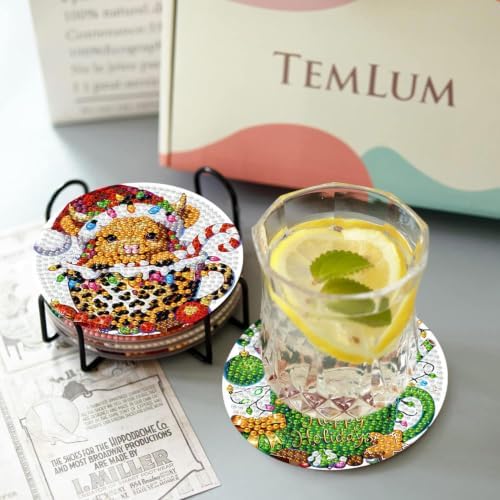 Christmas Cow Diamond Art Coasters Kit, 8 Pieces Diamond Painting Coasters
