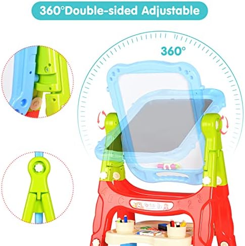Amagoing Easel for Kids, Adjustable Standing Art Easel for Toddler 2-4, 4 in 1 Double Side Chalkboard Drawing Board with Painting Accessories, Learning Toy Gift for Little Boys Girls Age 3 4 5, Blue