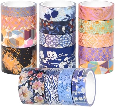 Washi Tape 17 Rolls Geometry and Blue Washi Tape Set, Decorative Tape for Bullet Journal, DIY Craft, Scrapbook Supplies