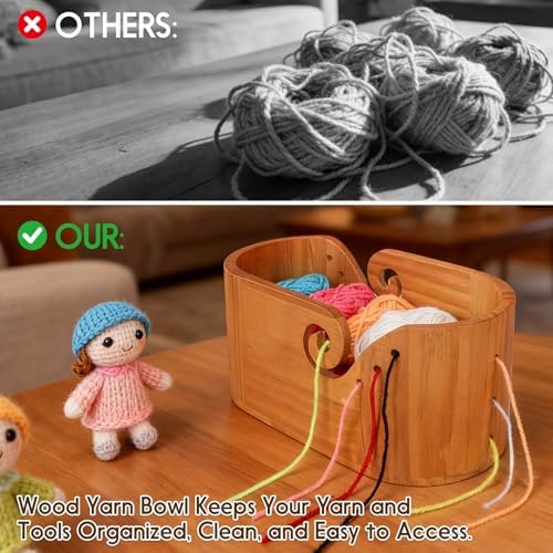 Large Wood Yarn Bowl with Lid Crochet Yarn Holder Knitting Organizer Basket