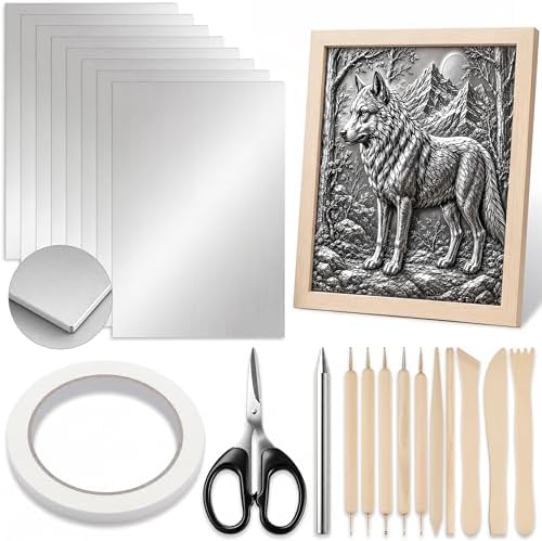 Yaocom 22 Pcs Metal Embossing Kit for Beginners, 0.3mm Thick Aluminum Sheets with Embossing Tools, Stylus, Tracing Paper and Felt Pad, 8 x 12 Inch DIY Craft Set for Art, Frame Not Included