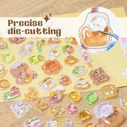 Kawaii 3D Puffy Stickers, Cute Bread & Rabbit Relief Stickers, Waterproof Aesthetic Decals for Journaling, Scrapbooking, Water Bottles, Laptops, DIY Crafts, Sunny Kitchen Food Themed