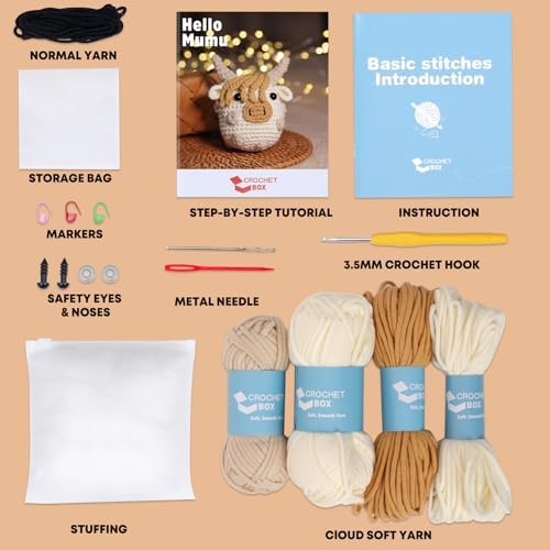 CrochetBox Crochet Kit for Beginners Adults - Polka Dot Highland Cow Starters Crochet Kit, Crocheting Kitting for Adults Teen, Craft Gifts with Crochets Yarns, Hook, Step-by-Step Video, Instruction