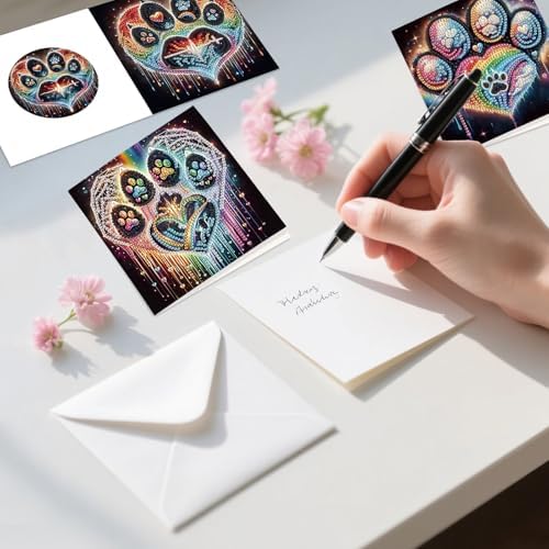 6 Pack Diamond Painting Greeting Cards with Envelopes, DIY 5D Diamond Art Card Kit Colorful Artistic Paw Designs, 30x15cm Handmade Rhinestone Cards Crafts for Pet Lovers and Creative Greetings
