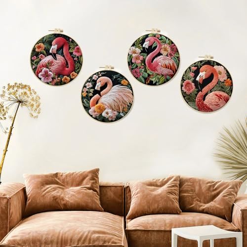 LB 4 Pack Pink Flamingo Embroidery Kit for Beginners Green Leaf Plant Beginner Embroidery Kit for Adults DIY Starter Kit with Embroidery Hoop Colorful Threads Tools Step by Step Instructions