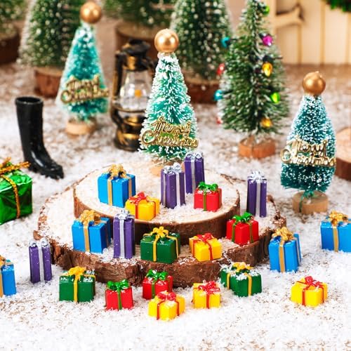JUNEBRUSHS 50 Pcs Christmas Miniatures for Crafts, Christmas Tree Mini Resin Presents Charms Mini Christmas Ornaments Figurines for Tree Decor Vase Filler Xmas Crafts