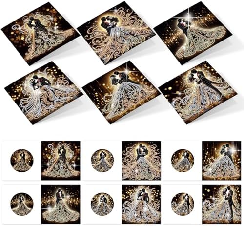 AiYuanzsh 6 Pack Diamond Painting Greeting Cards with Envelopes, DIY 5D Diamond Art Card Kit Romantic Wedding Couples, 30x15cm Handmade Rhinestone Cards Crafts for Wedding Wishes and Celebration