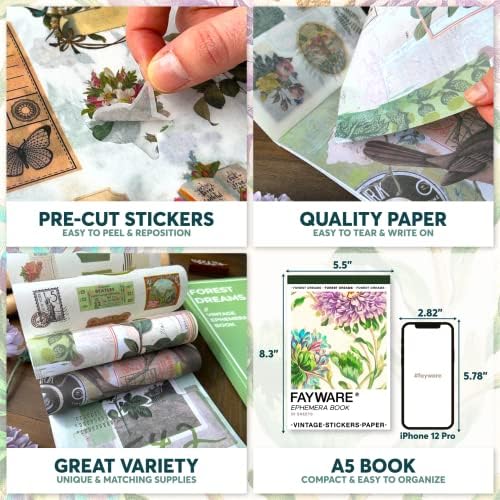 Junk Journal Supplies - Washi Stickers for Scrapbook & Journaling Supplies | 450+ Vintage Journaling Stickers, 20 Scrapbooking Papers, FAYWARE Ephemera for Junk Journals