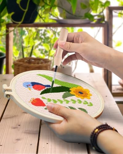TINDTOP Punch Needle Kits, DIY Punch Embroidery Kits for Adults Beginner, Tool with Punch Needle Fabric, Hoops, Yarns and Sewing Needles (Set C)