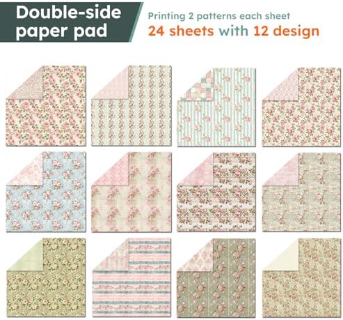 6in Flowers Scrapbook Paper Pad - 24 Sheets Double Sided Aesthetic Design Patterns for DIY Crafts Photos Album Junk Journal Decorative Decoupage Card Making Wedding Gifts Wrapping Material