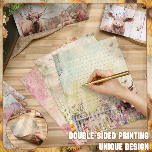TaoBary 160 Pcs Floral Highland Cow Stationery Paper and Envelopes Set