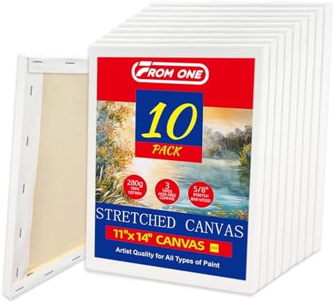 10-Pack 11x14 Stretched Canvas 100% Cotton Triple Primed for Acrylic & Oil | 100% cotton with natural husk, 5/8” Deep Frame, acid-free, No Bleed-Through,Warp-Resistant for acrylic, oil & gouache