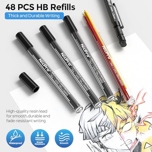Nicpro 3 PCS 1.3 mm Mechanical Pencils Set with 48 Lead Refill, 3 Eraser