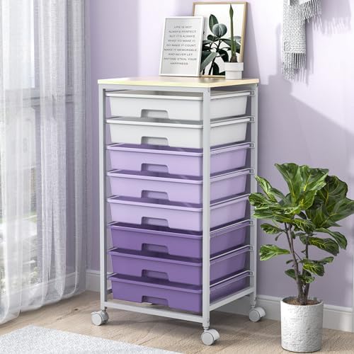 SYKIARIOL Rolling Cart with Drawers,8 Drawers Storage Cart,Purple | Craft Organizers and Storage with Wooden Tabletop for Living Room,Classroom,Bedroom,Bathroom,Dorm,Office