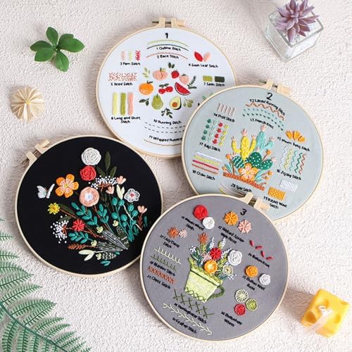 Ohcol Embroidery Kit for Beginners, 4 Floral Patterns, Learn 33 Stitches, Pre-Printed Fabric, Hoop, Colored Threads and Needles, Easy Video Guide, DIY Hand Sewing Gift for Adults and Teens
