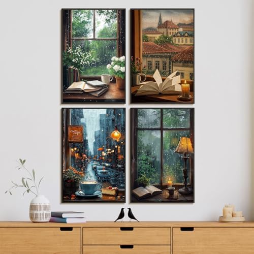 4 Pack Framed Paint by Numbers Kit for Adults Window View, Wooden Easel | With Frame, Book Lovers DIY Acrylic Painting, For Adults Beginner, Stress Relief Craft Kits, Home Wall Decor Gift, 8x12 IN