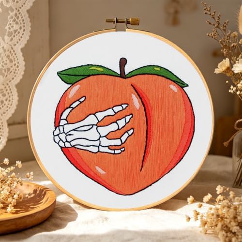 Hand Bone Embroidery Kits for Beginners Adults, Peach Embroidery Starters Kits, Halloween Stamped Cross Stitch Kits DIY Needlepoint Kits for Beginners Adult, Embroidery Hoop, Thread and Video Tutorial