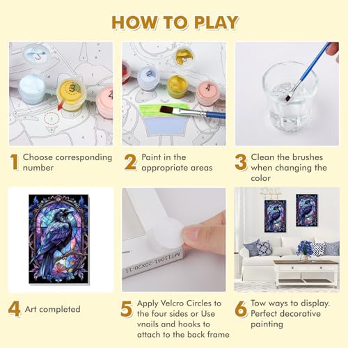 Bowetile Raven Stained Glass Framed Paint by Numbers for Adults, Gothic Crow Adults' Paint-by-Number Kits on Canvas, Acrylic Number Painting Kits Halloween Gifts for Home Decor, 8x12in