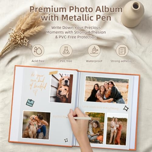 Popotop Photo Album Self Adhesive with Picture Display Window,60 Pages DIY Scrapbooking Supplies Kit for 4x6 8x10 Picture,Linen Cover Memory Book for Baby Wedding, with Scraper and Metallic Pen