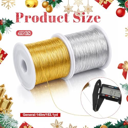 4 Spools 1837 Feet Metallic Thread, 0.2 mm Ornament String Christmas Cording Gold String Silver Craft Strings Tinsel Ribbon Bracelet Strings for Jewelry Making Gift Wrap Craft Making (Gold, Silver)
