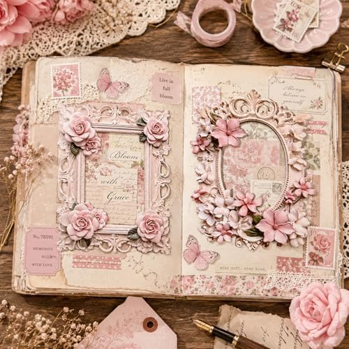 40Pcs Scrapbook Supplies Decor Papers, Floral Frames Junk Journal Supply