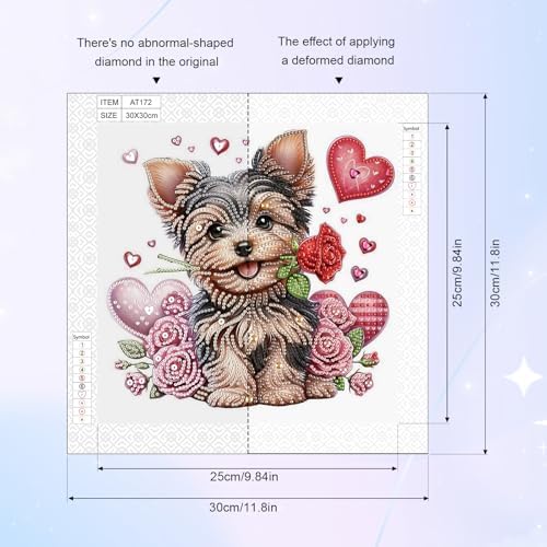 AiYuanzsh 5D Special Shape Diamond Art Kits for Adults, Valentine Puppy Diamond Painting Kit with Hearts and Roses, Crystal Rhinestone Diamond Art for Wall Decor Gift, 12×12 Inch