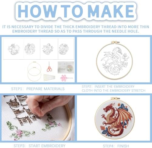 FREEBLOSS 4 Sets 11.6" Embroidery Kit for Beginners Dragon Stamped Patterns