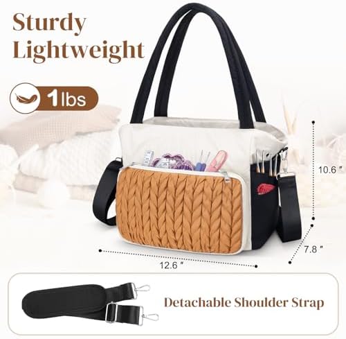 DALINDA Crochet Bag Organizer,Yarn Bag and Tote- Yarn Storage with Multiple Pockets for Crochet Supplies, Knitting Bag for Gifts,Portable & Durable(Brown)