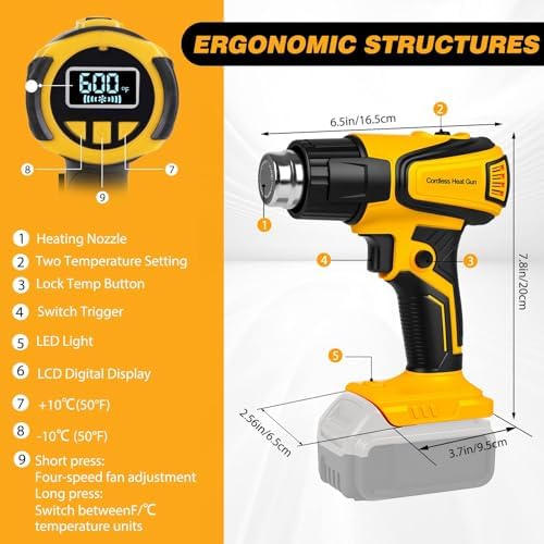 Cordless Heat Gun Compatible with Dewalt 20V Battery, 350W Fast Heating Portable Hot Air Gun with LCD Display, 2-Temp Setting 120-1112℉ 4 Nozzles for Crafts DIY (Tool Only, Not Made by Dewalt)