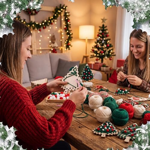 Kathfly 24 Set Christmas Wooden Craft Kit Christmas Tree String Craft Ornaments with Yarn and Plastic Weaving Tools DIY Art Hanging Decorations for Classroom Xmas Holiday Party Favor Home Activities