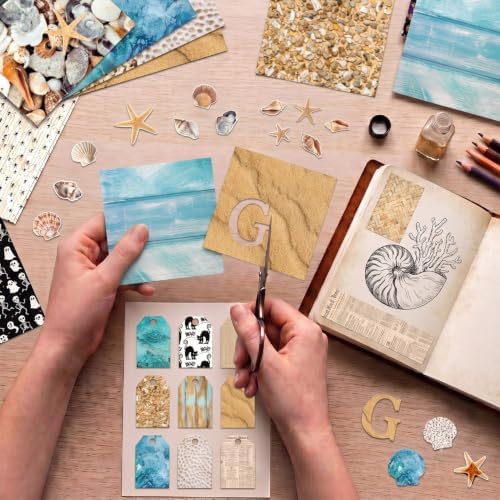 Beach Scrapbook Paper Pad Sand Shell Sea Patterned Paper 6×6,24 Sheets Single-Sided Blue Ocean Scrapbooking CardStock Papers Pad for Holiday Cardmaking DIY Origami Journaling.